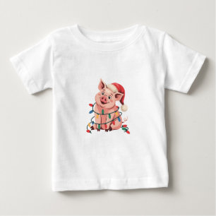 Camiseta Para Bebê Luzes de Natal Porco Vestindo Chapéu Natal - Pig L