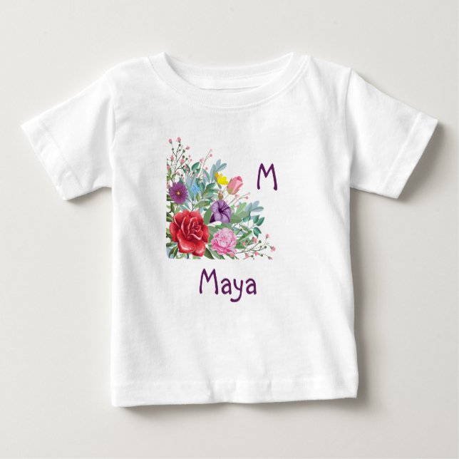 Camiseta Para Bebê M Maya Personalizar Nome Inicial, Flores de Rosa (Frente)