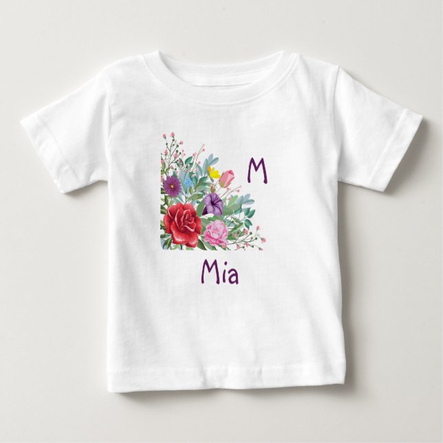 Camiseta Para Bebê M Mia Personalizar Nome da Letra, Flores de Rosa (Frente)