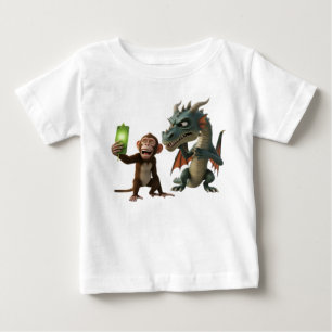 Camiseta Para Bebê Macaco Alegre Tirando Selfie com Dragão Mal-Humora