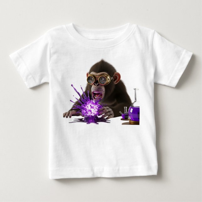 Camiseta Para Bebê Macaco Cientista Chocado com Che Explodindo Roxo (Frente)