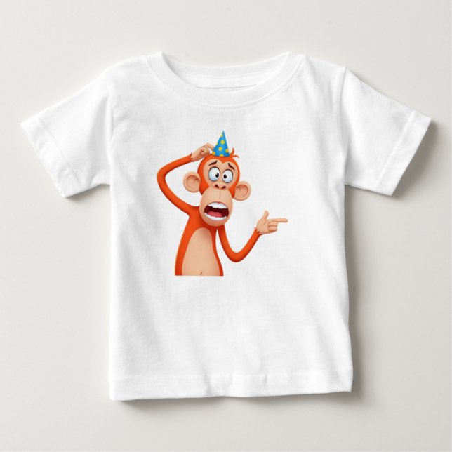 Camiseta Para Bebê Macaco com Chapéu de Festa Apontando para o Lado (Frente)
