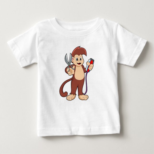 Camiseta Para Bebê Macaco como cabeleireiro com tesoura e Razor (Frente)