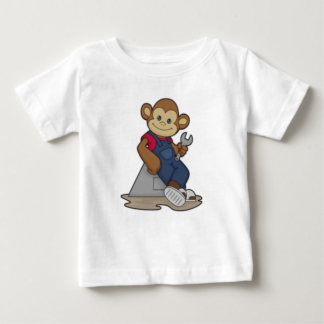 Camiseta Para Bebê Macaco como mecânico com chave inglesa (Frente)