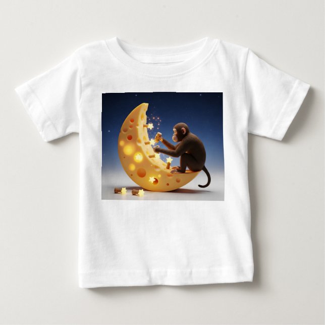 Camiseta Para Bebê Macaco Consertando uma Lua de Queijo Suíço com Est (Frente)