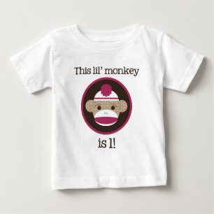 Camiseta Para Bebê Macaco cor-de-rosa da peúga: Primeiro aniversário