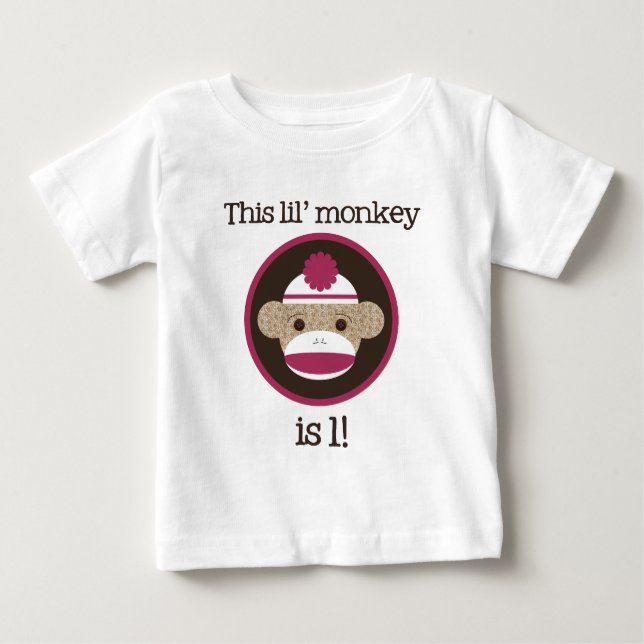 Camiseta Para Bebê Macaco cor-de-rosa da peúga: Primeiro aniversário (Frente)
