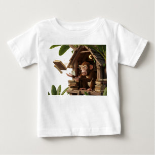 Camiseta Para Bebê Macaco Erudito Caprichoso numa Biblioteca numa Cas