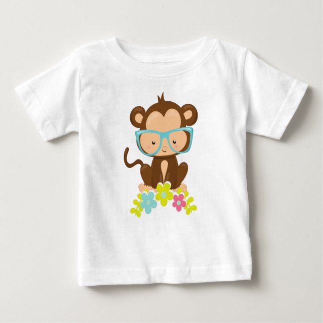 Camiseta Para Bebê Macaco hipster, Macaco Com Óculos, Flores (Frente)