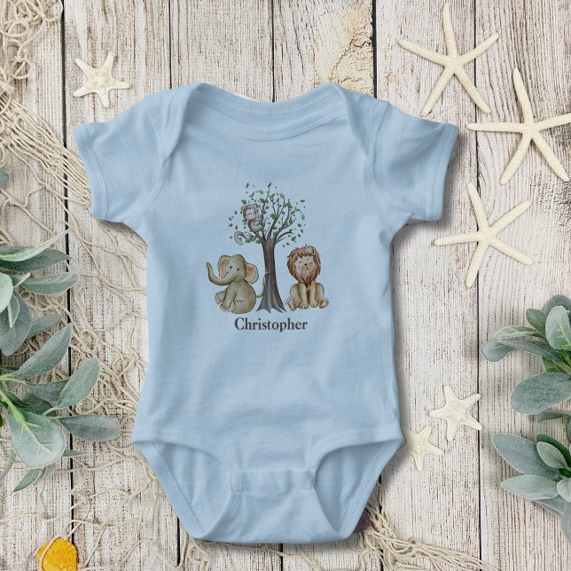 Camiseta Para Bebê Macaco-Leão Selvagem Personalizada Safari Animais (Personalized Jungle Safari Animals Elephant Monkey Baby Boy Body suit)