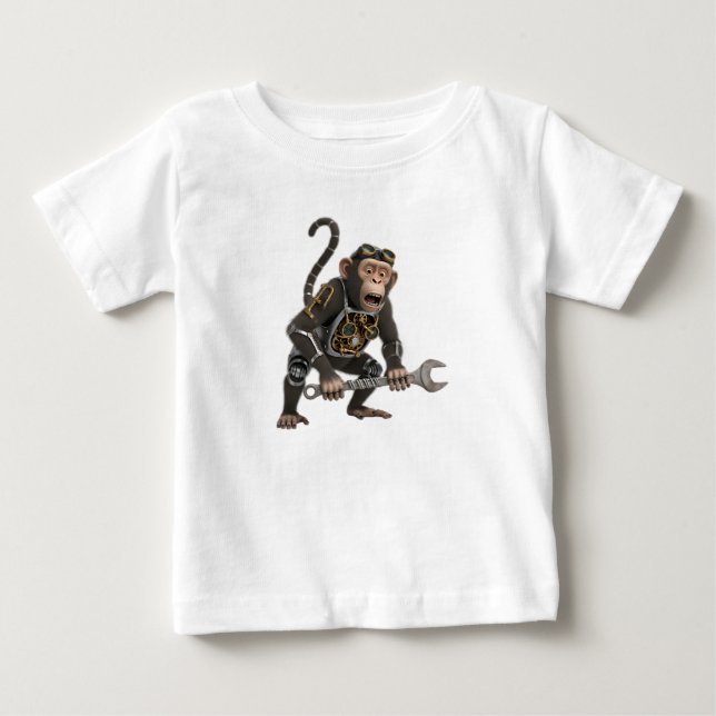 Camiseta Para Bebê Macaco Mecânico Steampunk com Chave Inglesa Indust (Frente)