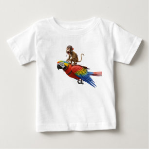 Camiseta Para Bebê Macaco Piloto Engraçado Montando uma Arara Escarla