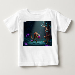 Camiseta Para Bebê Macaco Roubando Fruta Mágica de Árvore Mal-Humorad
