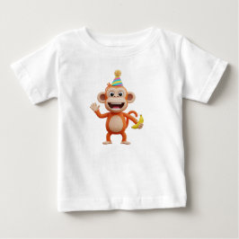 Camiseta Para Bebê Macaco Vestindo Chapéu de Festa e Segurando uma Ba