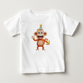 Camiseta Para Bebê Macaco Vestindo Chapéu de Festa e Segurando uma Ba