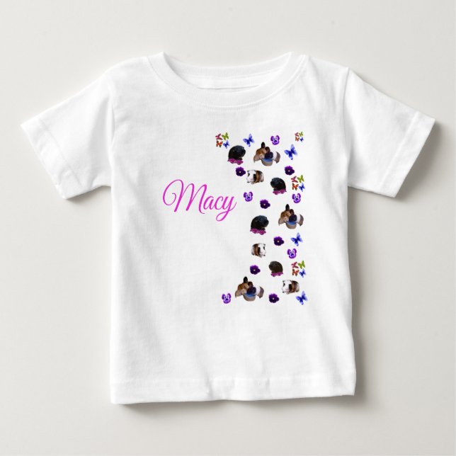 Camiseta Para Bebê Macy, Nome, Com Porquinhos Da Índia E Pensamentos, (Frente)