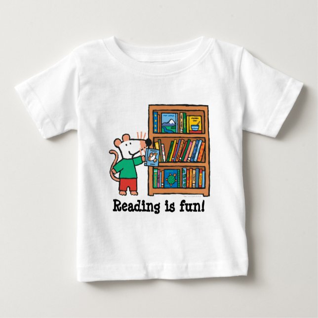 Camiseta Para Bebê Maisy e uma prateleira de livros (Frente)