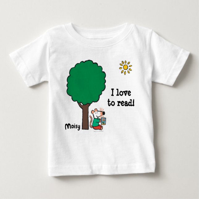 Camiseta Para Bebê Maisy Lê O Livro Da Biblioteca Lá Fora (Frente)