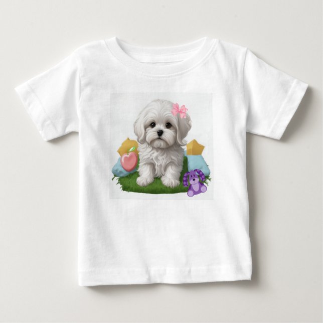 Camiseta Para Bebê Maltês Sentado com os Brinquedos (Frente)
