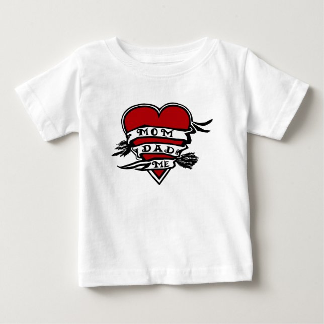 Camiseta Para Bebê Mamã, pai, e mim, coração (Frente)