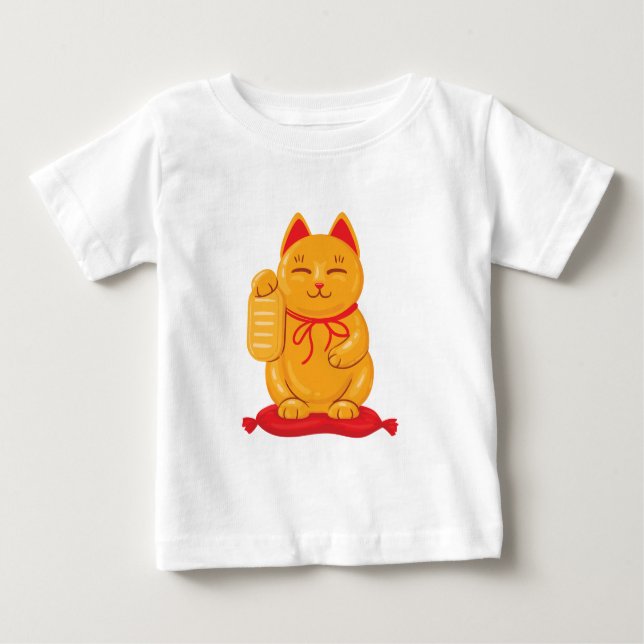 Camiseta Para Bebê Maneki Neko Dourado Cat, Símbolo de Riqueza (Frente)