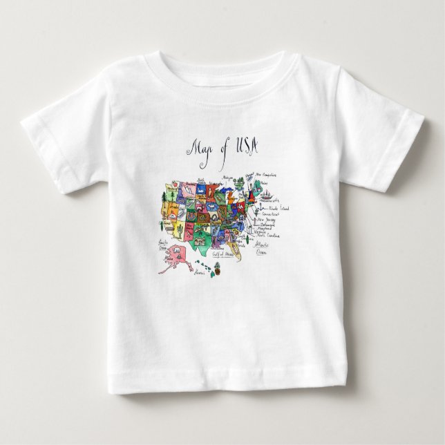Camiseta Para Bebê Mapa das atrações dos Estados Unidos da América (Frente)