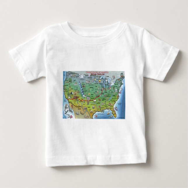 Camiseta Para Bebê Mapa de Cartoons da Rota 66 Histórica (Frente)