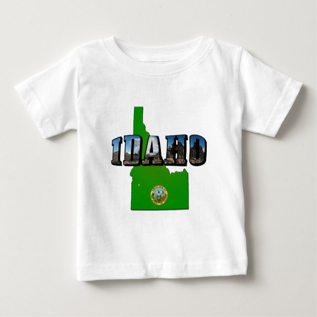 Camiseta Para Bebê Mapa de Idaho, Selo e Texto de Imagem (Frente)