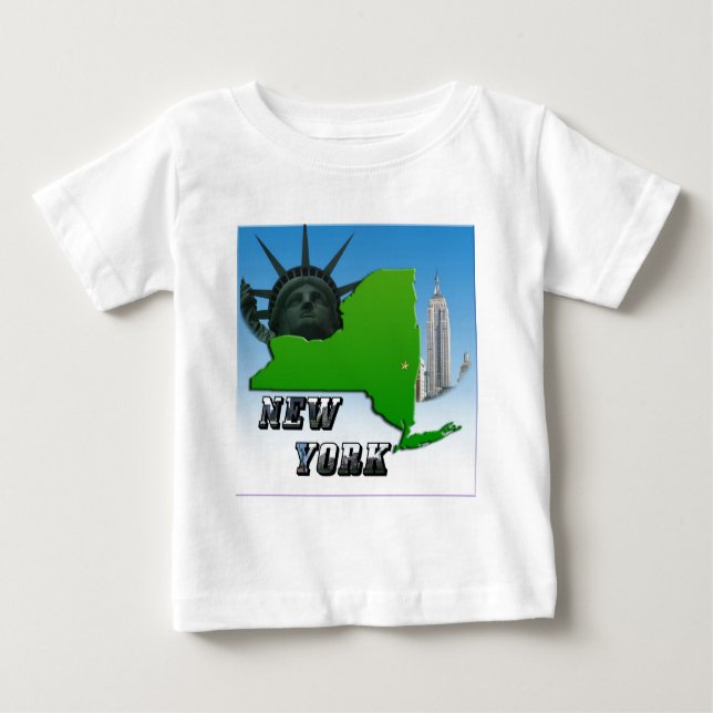 Camiseta Para Bebê Mapa de Nova Iorque, Estátua da Liberdade, Monumen (Frente)
