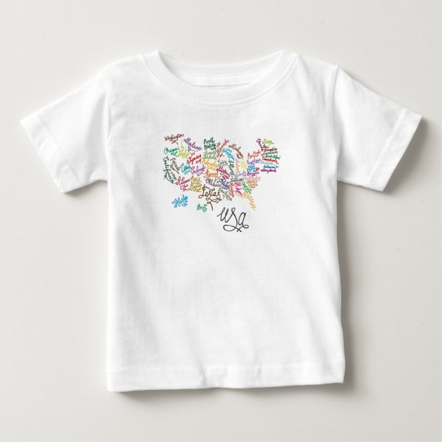 Camiseta Para Bebê Mapa de Texto do Script dos Estados Unidos da Amér (Frente)