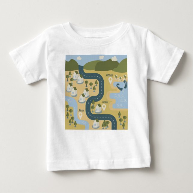 Camiseta Para Bebê mapa de viagem de férias do cenário de cartoon na  (Frente)