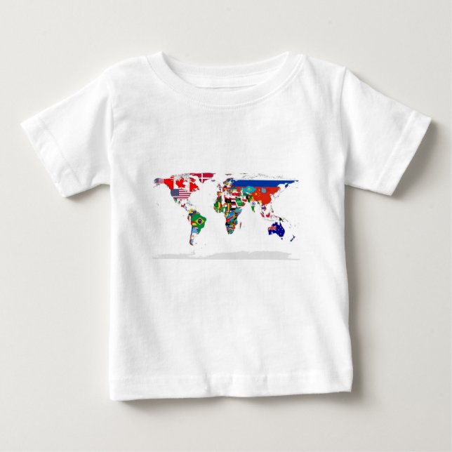 Camiseta Para Bebê Mapa do mundo embandeirado das bandeiras do mundo (Frente)