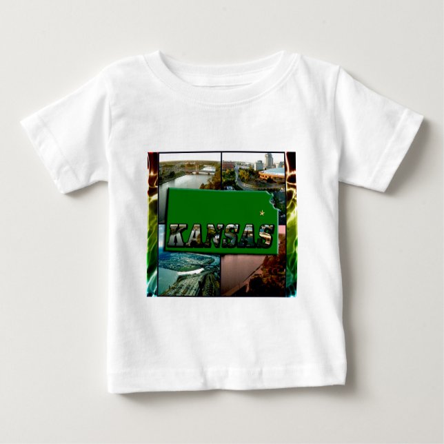 Camiseta Para Bebê Mapa e fotos do Kansas (Frente)