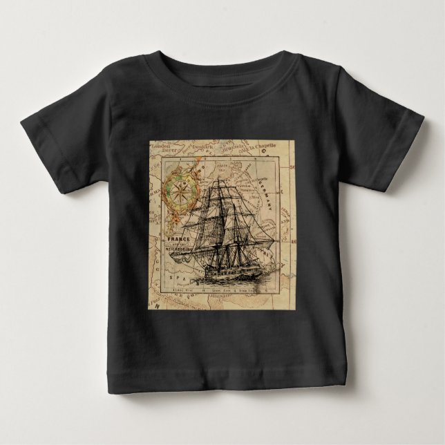 Camiseta Para Bebê Mapa e navio antigo do General France (Frente)
