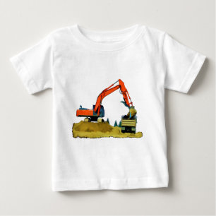 Camiseta Para Bebê Máquina escavadora alaranjada e camião basculant