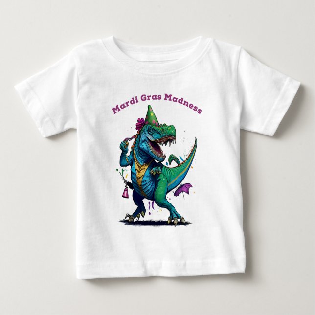Camiseta Para Bebê Mardi Gras Madness T Rex Dinossaur Bead Mardi Graw (Frente)