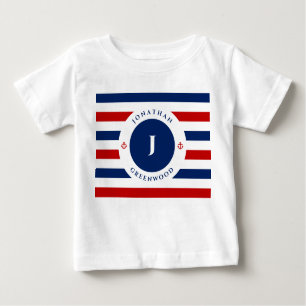 Camiseta Para Bebê Marinho Monograma Azul, Vermelho, Banhas Brancas