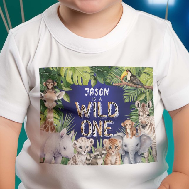 Camiseta Para Bebê Marinho Selvagem, Animais Safari Selvagem, Menino  (Wild One, Navy Blue, Boy 1st birthday T-shirt)