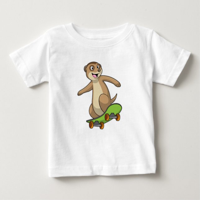 Camiseta Para Bebê Meerkat como skater com skate (Frente)