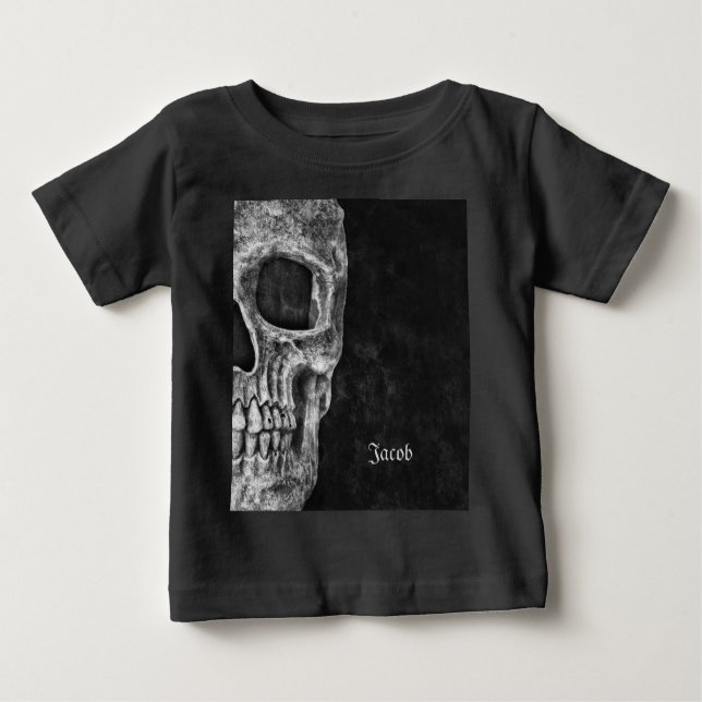 Camiseta Para Bebê Meia Caveira Gótica, Preto E Legal Grunge Branco (Frente)