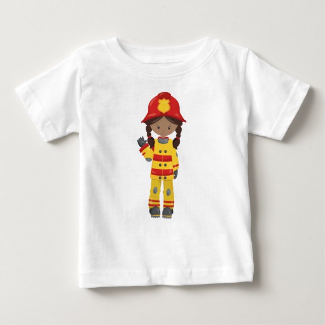 Camiseta Para Bebê Menina Afro-Americana, Menina Bombeira, Bombeira (Frente)