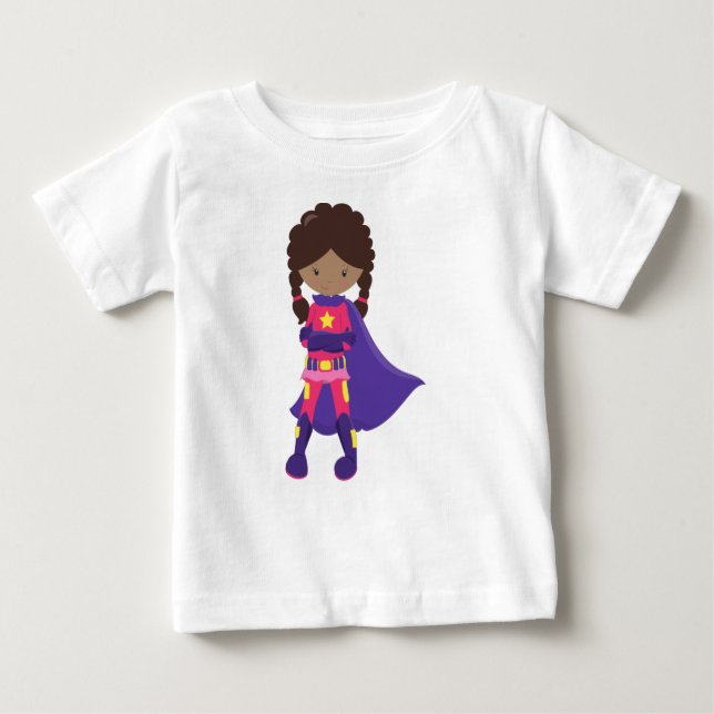 Camiseta Para Bebê Menina Afro-Americana, Menina Super-Herói, Cape (Frente)