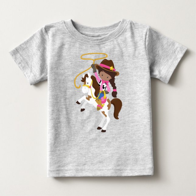 Camiseta Para Bebê Menina Afro-Americana, Vaqueira, Xerife, Laço (Frente)