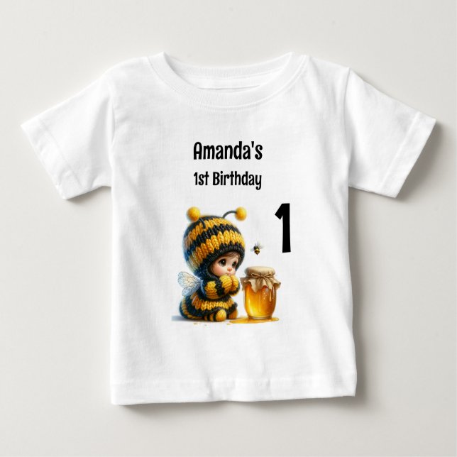 Camiseta Para Bebê Menina Bonita na Roupa de Abelhas com primeiro ani (Frente)