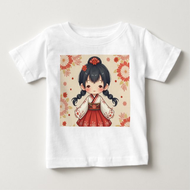 Camiseta Para Bebê Menina bonita vestindo roupas coreanas tradicionai (Frente)
