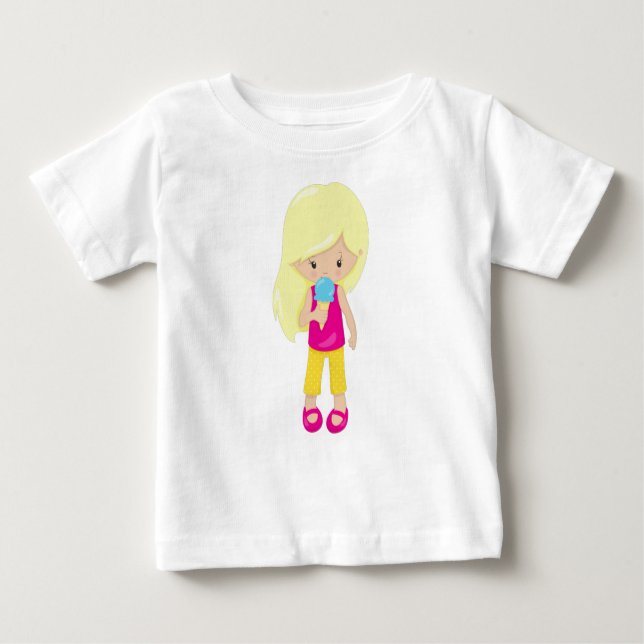 Camiseta Para Bebê Menina com Sorvete, Cabelo Loiro, Menina Fofa (Frente)