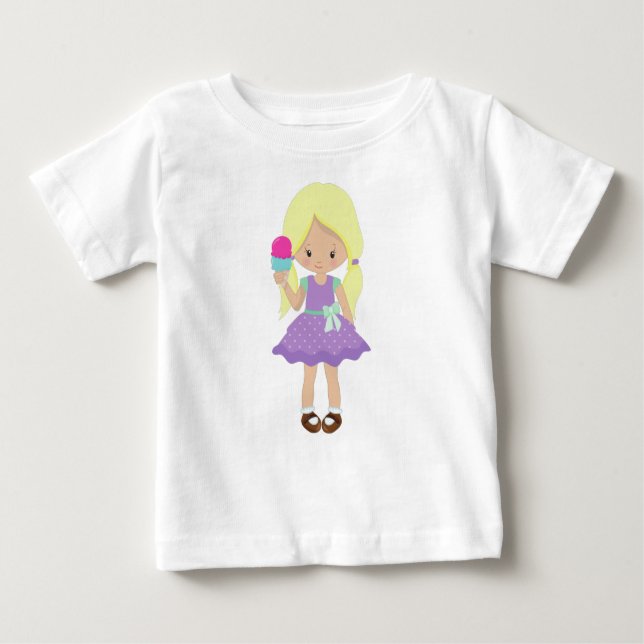 Camiseta Para Bebê Menina Com Sorvete, Menina Pequena, Cabelo Loiro (Frente)