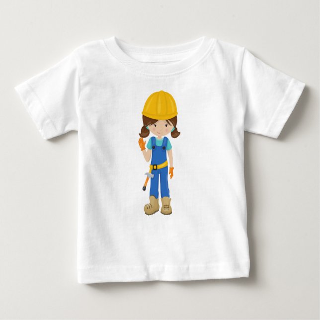 Camiseta Para Bebê Menina da Construção, Cabelo Castanho, Menina Boni (Frente)