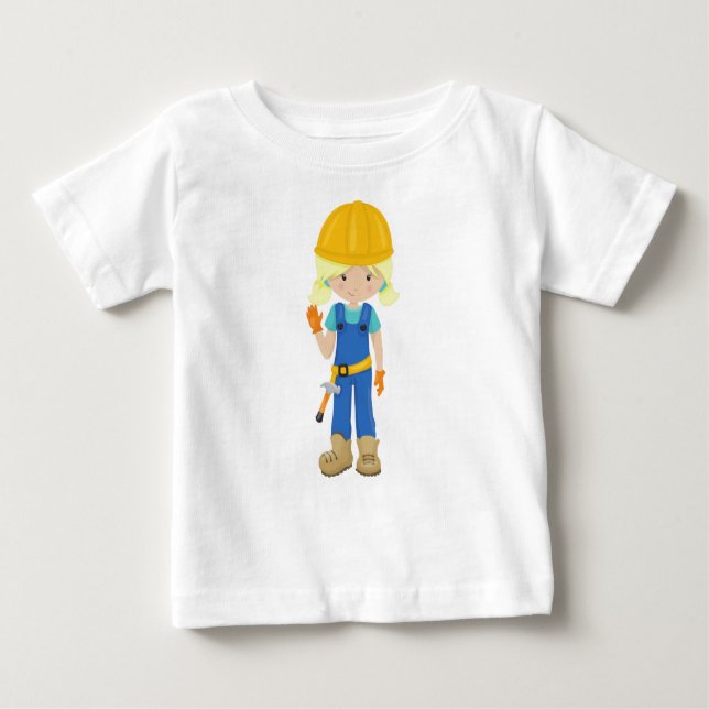 Camiseta Para Bebê Menina da Construção, Cabelo Loiro, Menina Bonita, (Frente)