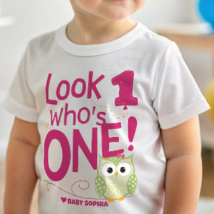 Camiseta Para Bebê Menina de 1º Aniversário Coruja